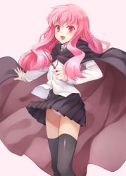 Rule 34 | 1girl, :o, black thighhighs, cape, jas (annkoromochi), louise francoise le blanc de la valliere, open mouth, panties, pantyshot, pentacle, pink background, pink eyes, pink hair, pleated skirt, simple background, skirt, solo, standing, thighhighs, underwear, upskirt, wand, white background, white panties, wind, wind lift, zero no tsukaima