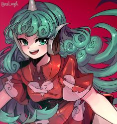 Rule 34 | 1girl, animal ears, bad id, bad twitter id, blush, breasts, buttons, cloud print, collared shirt, commentary request, cowboy shot, curly hair, green eyes, green hair, highres, horns, ichirugi, kariyushi shirt, komano aunn, leaning forward, magenta background, medium breasts, open mouth, red background, red shirt, shirt, short sleeves, shorts, simple background, single horn, smile, solo, teeth, tongue, touhou, twitter username