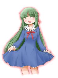 Rule 34 | 1girl, adult female, blush, breasts, closed eyes, clothes lift, collarbone, dot nose, dress, dress lift, green hair, happy, hidamari sketch, highres, long hair, long sleeves, medium breasts, open mouth, ribbon, simple background, solo, standing, white background, yoshinoya (hidamari sketch), yunyan s