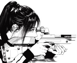 Rule 34 | 1girl, aiming, ear piercing, from side, greyscale, gun, hair behind ear, highres, holding, holding gun, holding weapon, k-pop, minji (newjeans), monochrome, newjeans, piercing, polo tokki, real life, rifle, scope, sleeves past wrists, sniper rifle, solo, trigger discipline, weapon, white background