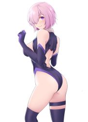 Rule 34 | 1girl, ass, bare legs, bare shoulders, black gloves, black leotard, black socks, black thighhighs, blush, breasts, clenched hand, closed mouth, elbow gloves, fate/grand order, fate (series), female focus, gloves, hair over one eye, hands up, highleg, highleg leotard, kneehighs, large breasts, legband, legs, leotard, light purple hair, looking at viewer, looking back, mash kyrielight, multicolored clothes, multicolored gloves, multicolored leotard, purple eyes, purple gloves, purple leotard, revealing clothes, sano jinya, short hair, sideboob, simple background, smile, socks, solo, standing, thigh strap, thighhighs, thighs, type-moon, white background