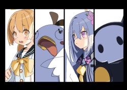 Rule 34 | :&lt;, azusa (blue archive), black border, black sailor collar, blonde hair, blue archive, border, chise 01234, closed mouth, disgaea, flower, grey hair, halo, hifumi (blue archive), long hair, long sleeves, multiple girls, open mouth, orange eyes, parody, peroro (blue archive), pink eyes, pink flower, sailor collar, simple background, teeth, upper teeth only, white background