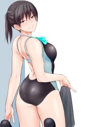 Rule 34 | 1girl, amagami, ass, black eyes, black hair, black one-piece swimsuit, black socks, breasts, unworn clothes, commentary request, competition swimsuit, from behind, highres, kneeling, long hair, looking at viewer, medium breasts, one-piece swimsuit, pleated skirt, ponytail, sasaki akira (ugc), simple background, skirt, smile, socks, solo, swimsuit, tsukahara hibiki, two-tone swimsuit
