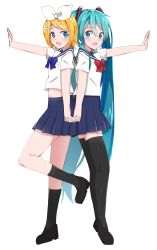 Rule 34 | 2girls, absurdres, aqua eyes, aqua hair, back-to-back, black footwear, black legwear, blonde hair, blue collar, blue neckwear, blue skirt, bow, bowtie, collar, commentary, fang, full body, hair bow, hair ornament, hairclip, hatsune miku, highres, holding hands, kagamine rin, long hair, looking at viewer, mary janes, midriff, miniskirt, multiple girls, navel, open mouth, outstretched arm, pleated skirt, red neckwear, sailor collar, school uniform, serafuku, shirt, shoes, short hair, short sleeves, skirt, smile, socks, standing, supo01, swept bangs, thighhighs, twintails, very long hair, vocaloid, white background, white bow, white shirt, zettai ryouiki