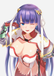 Rule 34 | 1girl, ;), blue eyes, blunt bangs, breasts, cleavage, commentary request, earrings, fate/grand order, fate (series), gloves, grey background, hand on own hip, jewelry, kanki (kibunhasaikou), large breasts, long hair, martha (fate), navel, one eye closed, open mouth, purple hair, red gloves, red thighhighs, simple background, smile, solo, thighhighs