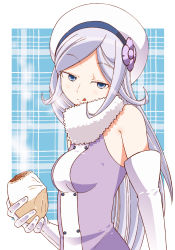 Rule 34 | 1girl, :q, aila jyrkiainen, blue eyes, breasts, elbow gloves, food, gloves, gundam, gundam build fighters, hat, head tilt, highres, holding, holding food, long hair, looking at viewer, medium breasts, ningen plamo, scarf, silver hair, sleeveless, smile, solo, steam, tongue, tongue out, upper body, very long hair, white background, white gloves, white hat