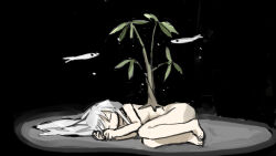 1girl black_background closed_eyes closed_mouth completely_nude fish full_body highres long_hair lying nude on_side original simple_background solo tree tsukumizu_yuu white_hair