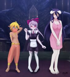 Rule 34 | 3girls, absurdres, ahoge, albedo (overlord), aleuz91, apron, arm behind head, arm up, armlet, arms behind back, artist name, aura bella fiora, barefoot, black footwear, blonde hair, blue eyes, blue hair, bow, breasts, cleavage, collarbone, commission, covered erect nipples, dark-skinned female, dark skin, fang, feet, female focus, full body, green eyes, hair bow, heels, highres, horns, large breasts, long hair, looking at viewer, maid, maid apron, mouth veil, multicolored eyes, multiple girls, naked apron, navel, overlord (maruyama), panties, parted lips, pigeon-toed, pink apron, pink bow, purple hair, red eyes, see-through, shalltear bloodfallen, short hair, signature, smile, standing, thighhighs, toes, underwear, veil, white horns, white panties, white thighhighs, yellow eyes, zettai ryouiki