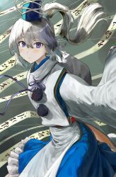 Rule 34 | 1girl, blue eyes, blue headwear, blue skirt, expressionless, hair flowing over, harapan-kun, highres, long hair, long sleeves, looking at viewer, mononobe no futo, skirt, solo, tabard, touhou, white hair, white sleeves, white tabard