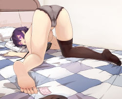 Rule 34 | 1girl, ;o, all fours, ass, bad id, bad pixiv id, barefoot, beifeng han, black thighhighs, bra, unworn bra, breasts, cameltoe, condom, condom wrapper, crotch, feet, foreshortening, from behind, glowing, glowing eyes, grey bra, grey panties, highres, jewelry, large breasts, looking back, miyaura sanshio, no shoes, on bed, one eye closed, original, panties, purple eyes, purple hair, pussy juice stain, ring, short hair, single thighhigh, soles, solo, thighhighs, toes, top-down bottom-up, topless, underboob, underwear, underwear only, wedding band, wet, wet clothes, wet panties