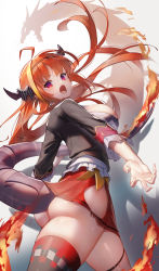 Rule 34 | 1girl, absurdres, ahoge, ass, back, black jacket, black thighhighs, blonde hair, bow, breasts, commentary, cowboy shot, diagonal-striped bow, dragon, dragon horns, dragon tail, fang, fire, from behind, hairband, highres, hip vent, hololive, horn bow, horn ornament, horns, jacket, kiryu coco, kiryu coco (1st costume), large breasts, long hair, looking at viewer, miniskirt, multicolored hair, open mouth, orange hair, pleated skirt, red eyes, red skirt, scottie (phantom2), shadow, shirt, simple background, single thighhigh, skindentation, skirt, solo, streaked hair, striped, tail, thigh strap, thighhighs, thighs, two-tone hair, virtual youtuber, white background, white shirt