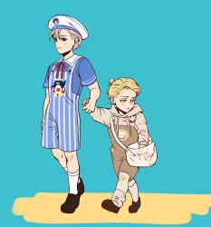 Rule 34 | 2boys, aged down, asymmetrical legwear, bag, black sclera, blonde hair, blush, bookbag, child, colored sclera, grey hair, hat, holding hands, hood, hoodie, jojo no kimyou na bouken, male focus, multiple boys, overalls, pants, pinstripe pattern, prosciutto, risotto nero, sailor hat, striped, striped clothes, striped pants, vento aureo, vertical-striped clothes, vertical-striped pants, yepnean