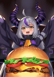 Rule 34 | 1girl, absurdres, ahoge, braid, burger, cheese, demon horns, fangs, food, grey hair, highres, hololive, horns, la+ darknesss, lettuce, mk (lazymk), multicolored hair, open mouth, orange eyes, pointy ears, purple hair, sleeves past wrists, smile, solo, streaked hair, striped horns, tomato, two-tone hair, upper body, virtual youtuber, wide sleeves