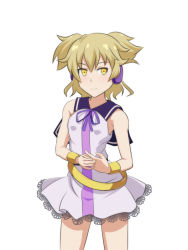 Rule 34 | 1girl, belt, blonde hair, bracer, cato (monocatienus), commentary request, cowboy shot, dress, earmuffs, looking at viewer, loose belt, neck ribbon, pointy hair, ribbon, sailor collar, simple background, sleeveless, sleeveless dress, solo, touhou, toyosatomimi no miko, white background, yellow eyes