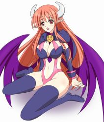 Rule 34 | 1girl, arm support, boots, breasts, cape, cleavage, demon girl, detached sleeves, female focus, full body, gradient background, horns, kneeling, large breasts, long hair, lord of vermilion, navel, open mouth, parody, red eyes, red hair, solo, succubus (lord of vermilion), thigh boots, thighhighs, white background, wings