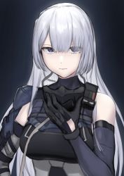 Rule 34 | 1girl, ak-15 (girls&#039; frontline), black background, black gloves, breasts, closed mouth, expressionless, girls&#039; frontline, gloves, grey eyes, grey hair, highres, large breasts, long hair, looking at viewer, monegi, simple background, solo, upper body