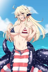 Rule 34 | 1girl, absurdres, ahoge, alternate body size, american flag, american flag bikini, american flag print, beach, bikini, blonde hair, blue eyes, blue sky, blush, breasts, cleavage, collarbone, commission, day, fang, flag print, hair between eyes, highres, iowa (kancolle), jewelry, kantai collection, lamia, large breasts, lindaroze, long hair, looking at viewer, monster girl, monster musume no iru nichijou, monsterification, navel, open mouth, outdoors, ring, scales, sky, smile, solo, standing, star-shaped pupils, star (symbol), striped, swimsuit, symbol-shaped pupils, third-party source, wedding band
