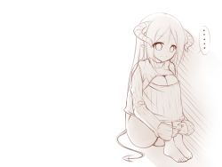 Rule 34 | ..., 1girl, breast conscious, cleavage cutout, clothing cutout, demon girl, fetal position, greyscale, horns, hugging own legs, lethe-shion, long hair, meme attire, monochrome, open-chest sweater, simple background, sitting, solo, spoken ellipsis, sweater, tail, white background
