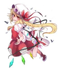 Rule 34 | 1girl, ascot, bat (animal), blonde hair, fang, fingernails, flandre scarlet, frilled skirt, frills, from side, full body, hat, highres, leg up, long hair, looking at viewer, looking to the side, mob cap, nail polish, one side up, puffy short sleeves, puffy sleeves, red eyes, red footwear, red nails, red skirt, red vest, sharp fingernails, shen li, shoes, short sleeves, side ponytail, skirt, skirt set, solo, touhou, transparent background, vest, white hat, wings, yellow ascot
