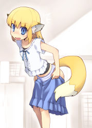 Rule 34 | 1girl, animal ears, apricot, apricot (yamai), blonde hair, blue eyes, blush, fox ears, fox tail, original, panties, skirt, solo, striped clothes, striped panties, surprised, tail, underwear, undressing, yamai
