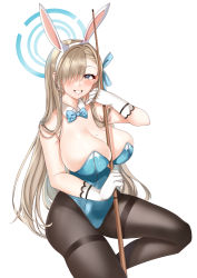 Rule 34 | 1girl, absurdres, animal ears, asuna (blue archive), asuna (bunny) (blue archive), black pantyhose, blue archive, blue bow, blue bowtie, blue leotard, bow, bowtie, breasts, commentary, cue stick, detached collar, fake animal ears, gloves, grey eyes, hair over one eye, halo, highleg, highleg leotard, highres, holding cue stick, large breasts, leotard, light brown hair, mole, mole on breast, pantyhose, playboy bunny, rabbit ears, solo, strapless, strapless leotard, thighband pantyhose, traditional bowtie, white gloves, wu ji miao