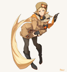 Rule 34 | 1girl, absurdly long hair, arm scarf, artist name, black gloves, blonde hair, blue eyes, boots, brown hat, brown jacket, closed mouth, fingerless gloves, fur hat, gloves, grey background, guilty gear, guilty gear strive, hat, highres, jacket, leggings, long hair, millia rage, ozkh, pantyhose, scarf, simple background, solo, thighhighs, ushanka, very long hair