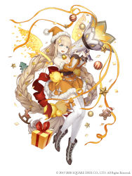 Rule 34 | 1girl, :d, absurdly long hair, absurdres, ankle boots, bell, blonde hair, blue eyes, boots, braid, choker, christmas, christmas present, confetti, dress, full body, fur trim, gift, gingerbread man, hat, high heel boots, high heels, highres, ji no, long hair, looking at viewer, megaphone, neck bell, official art, open mouth, petals, rapunzel (sinoalice), santa dress, santa hat, sinoalice, smile, solo, square enix, teeth, thighhighs, upper teeth only, very long hair, white background
