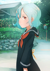Rule 34 | 1girl, absurdres, aqua hair, architecture, black dress, black sailor collar, blush, building, bush, closed mouth, cloud, commentary request, cowboy shot, day, dress, east asian architecture, flower, from side, highres, house, inami hatoko, light smile, long sleeves, looking at viewer, looking to the side, neckerchief, original, outdoors, red eyes, red neckerchief, road, sailor collar, sailor dress, school uniform, serafuku, short hair, sideways glance, sky, solo, street, traffic mirror, tree, trellis