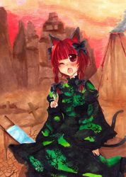 Rule 34 | 1girl, animal ears, braid, cart, cat ears, cat girl, cat tail, dress, female focus, highres, kadacho, kaenbyou rin, outdoors, red hair, sky, solo, tail, tombstone, touhou, twintails, volcano