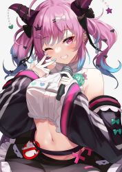 Rule 34 | 1girl, badge, bare shoulders, belt, blush, bow, breasts, crop top, crop top overhang, crown, detached sleeves, ear ornament, hair bow, hair ornament, hairclip, heart, holding, holding microphone, horns, igayan, lace, long sleeves, looking at viewer, microphone, midriff, multicolored hair, multicolored nails, nail polish, navel, one eye closed, open mouth, original, pink eyes, pink hair, simple background, smile, solo, stomach, streaked hair, striped sleeves, teeth, twintails, virtual youtuber, w