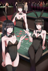 Rule 34 | 6+girls, absurdres, animal ears, bad id, bad pixiv id, black hair, blunt bangs, blunt ends, bob cut, bow, bowtie, breasts, casino, cleavage, closed mouth, commentary request, covered navel, crossed legs, detached collar, eyes visible through hair, fake animal ears, gesture, highres, hime cut, indoors, leotard, long hair, looking at viewer, medium breasts, multiple girls, multiple others, nguyen tam lee, open mouth, original, pantyhose, partial commentary, playboy bunny, poker chip, rabbit ears, roulette table, short hair, sitting, smile, standing, straight hair, strapless, strapless leotard, table, thighhighs, wing collar, wrist cuffs