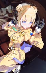 Rule 34 | 1girl, absurdres, astronaut, belt, belt buckle, black gloves, blue eyes, blush, bow, breasts, buckle, chibi, chibi inset, cross-laced footwear, double bun, embarrassed, floating hair, gloves, gurumie, hair bow, hair bun, hair ornament, hairclip, helmet, highres, hololive, hololive english, jumpsuit, medium breasts, official alternate costume, open mouth, pocket, shoes, short hair, sneakers, space helmet, spacesuit, takodachi (ninomae ina&#039;nis), tentacles, tentacles under clothes, two-tone gloves, virtual youtuber, watson amelia, watson amelia (astronaut), white footwear, white gloves, yellow jumpsuit, zero gravity, zipper, zipper pull tab