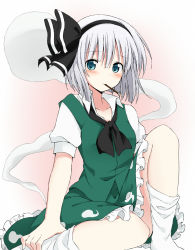 Rule 34 | 1girl, ascot, bad id, bad pixiv id, bandages, blue eyes, blush, collarbone, food, frills, green vest, highres, konpaku youmu, konpaku youmu (ghost), looking at viewer, mouth hold, pink background, pocky, puffy short sleeves, puffy sleeves, short hair, short sleeves, simple background, sitting, solo, sudachi (calendar), touhou, vest, white hair