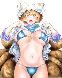 Rule 34 | 1girl, akuroporisu, animal hat, bikini, bikini under clothes, blonde hair, blouse, blush, breasts, breasts apart, clothes lift, commentary request, cowboy shot, fang, fox tail, frilled sleeves, frills, groin, hands up, hat, highres, large breasts, lifted by self, mob cap, multiple tails, navel, open mouth, orange eyes, mob cap, shirt, short hair, solo, stomach, swimsuit, tail, touhou, traditional media, unaligned breasts, v-shaped eyebrows, yakumo ran