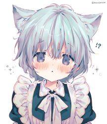 1boy animal_ears apron blue_hair blush bow bowtie cat_boy cat_ears collared_dress dress flying_sweatdrops maid maid_apron male_focus march-bunny misskey.io misskey.io_username murakami-san_(misskey.io) puffy_short_sleeves puffy_sleeves short_hair short_sleeves simple_background solo sweatdrop trap trembling white_background white_bow white_bowtie