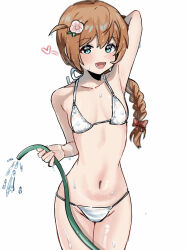 Rule 34 | 1girl, arm up, armpits, baba konomi, bikini, blush, braid, braided ponytail, breasts, covered erect nipples, groin, halterneck, heart, highres, holding, holding hose, hose, idolmaster, idolmaster million live!, looking at viewer, navel, orange hair, petite, sideboob, simple background, small breasts, smile, solo, stomach, string bikini, swimsuit, vnekov, white background, white bikini