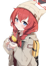 Rule 34 | 1girl, absurdres, backpack, bag, beanie, blue archive, blue eyes, blush, brown shirt, chun jiang, closed mouth, collared shirt, food, grey hat, grey jacket, hair between eyes, halo, hat, highres, holding, holding food, jacket, long hair, long sleeves, looking at viewer, maki (blue archive), maki (camp) (blue archive), official alternate costume, open clothes, open jacket, red hair, red halo, shirt, simple background, smile, solo, sweet potato, upper body, white background, white shirt
