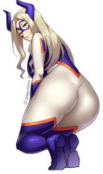 Rule 34 | 1girl, absurdres, ass, blonde hair, blush, bodysuit, boku no hero academia, breasts, chromatic aberration, domino mask, fake horns, from behind, highres, huge ass, large breasts, long hair, looking at viewer, looking back, mask, mount lady, pink eyes, smile, sole gem, solo, squatting, mount lady, thick thighs, thighs, white background