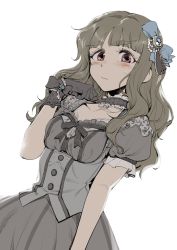 Rule 34 | 1girl, artist request, bad id, bad twitter id, black dress, blush, bow, brown hair, choker, corset, dress, embarrassed, gloves, goth fashion, hair bow, hair down, hair ornament, highres, idol, idolmaster, idolmaster cinderella girls, idolmaster cinderella girls starlight stage, kamiya nao, lace, lace choker, lace gloves, long hair, looking at viewer, puffy sleeves, raised eyebrow, red eyes, short sleeves, simple background, solo, sweatdrop, thick eyebrows, wavy hair, white background