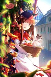 Rule 34 | 1girl, alphatitus, animal ears, apple, apron, basket, bell, blurry, blurry background, brown hair, capelet, cat, cat ears, cityscape, commentary request, flower, food, fruit, hair ornament, hair ribbon, highres, holding, holding basket, long hair, looking at viewer, open mouth, original, paw ornament, red capelet, red eyes, red ribbon, ribbon, solo