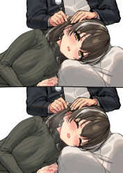 Rule 34 | 1girl, 1other, arknights, black jacket, black sweater vest, blush, brown eyes, brown hair, doctor (arknights), ear cleaning, earrings, highres, holding, jacket, jewelry, lap pillow, long sleeves, magallan (arknights), mimikaki, multicolored hair, open mouth, sigm@, silver hair, streaked hair, sweater vest, two-tone hair, white background