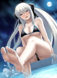 Rule 34 | 1girl, bare shoulders, barefoot, bikini, black bikini, black bow, blue eyes, blush, bow, braid, breasts, cameltoe, chuppa (katotsuba), cleavage, collarbone, fate/grand order, fate (series), feet, french braid, from below, full moon, grey hair, hair bow, large breasts, long hair, looking at viewer, moon, morgan le fay (fate), navel, night, night sky, open mouth, ponytail, sidelocks, sky, smile, solo, sweat, swimsuit, very long hair, water