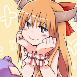 Rule 34 | 1girl, blush, head rest, female focus, hand on another&#039;s chin, hand on own chin, horns, ibuki suika, long hair, myonde, orange hair, smile, solo, touhou