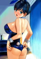Rule 34 | 1girl, adjusting clothes, adjusting leotard, animal ears, ass, banned artist, bare shoulders, bed, black hairband, blue hair, blue leotard, breasts, cowboy shot, curtains, detached collar, earrings, fake animal ears, fake tail, from behind, green eyes, hairband, highres, indoors, jewelry, large breasts, leotard, looking at viewer, looking back, open mouth, original, playboy bunny, poko (mammypoko), rabbit ears, rabbit tail, short hair, solo, strapless, strapless leotard, stud earrings, tail, v-shaped eyebrows, wedgie, wrist cuffs
