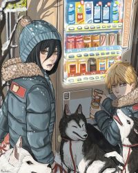 Rule 34 | 1boy, 1girl, black hair, blonde hair, blue jacket, branch, bread, brown eyes, can, chainsaw man, coat, denji (chainsaw man), dog, drink can, drooling, eyelashes, food, fur trim, hair between eyes, hat, hood, hood down, jacket, leash, looking at viewer, looking back, matching outfits, medium hair, nayuta (chainsaw man), open mouth, pachiccc, short hair, snow, soda, soda can, squatting, teeth, tongue, tree, unusual pupils, vending machine, winter clothes, winter coat, yellow eyes