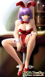 Rule 34 | 1girl, animal ears, bar (place), bow, bowtie, breasts, cleavage, detached collar, fake animal ears, fishnet pantyhose, fishnets, large breasts, leotard, onoe, pantyhose, playboy bunny, purple hair, rabbit ears, red bow, red bowtie, short hair, sitting, solo, spread legs, stool
