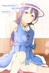 Rule 34 | 1girl, artist request, blue dress, blue hair, blue ribbon, blush, center frills, character name, collarbone, dress, female focus, frills, hair ribbon, hand up, hat, highres, long hair, looking at viewer, love live!, love live! school idol festival, love live! school idol project, orange eyes, ribbon, sleeveless, sleeveless dress, smile, solo, sonoda umi, sparkle, sun hat, sundress, tucking hair, white hat, wind, yellow eyes