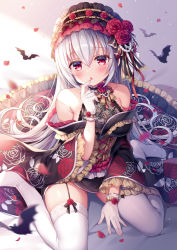Rule 34 | 1girl, :o, animal, bare shoulders, bat (animal), black kimono, blush, collarbone, commentary request, finger to mouth, floral print, flower, frilled kimono, frills, gloves, hair between eyes, hand up, japanese clothes, kimono, long hair, long sleeves, looking at viewer, mitsuba choco, no shoes, original, parted lips, petals, print kimono, red eyes, red flower, red rose, rose, rose print, silver hair, sitting, solo, thighhighs, very long hair, wariza, white gloves, white thighhighs, wide sleeves
