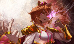 Rule 34 | 1girl, absurdres, animal ears, cape, capelet, chain, commentary request, crown, ear ornament, glowing, glowing eye, gold chain, highres, horse ears, horse girl, jacket, jewelry, long sleeves, looking at viewer, multiple rings, open mouth, orange hair, pink cape, pink capelet, purple eyes, rakasei5050, ring, short hair, smile, solo, sunlight, t.m. opera o (umamusume), umamusume, upper body, v, white jacket