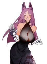 Rule 34 | 1girl, absurdres, animal ear fluff, animal ears, arm wrap, bare shoulders, blush, breasts, cleavage, cowboy shot, dress, grin, highres, joints, lace, lace-trimmed dress, lace trim, large breasts, leaning forward, long hair, looking at viewer, matata1203, mechanical hands, mole, mole under eye, multicolored eyes, original, print dress, purple hair, red eyes, robot joints, see-through, see-through cleavage, simple background, sleeveless, sleeveless dress, smile, solo, yellow eyes